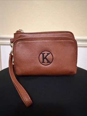 Viv & Lou Monogram 'K' Brown Leather Wristlet Clutch